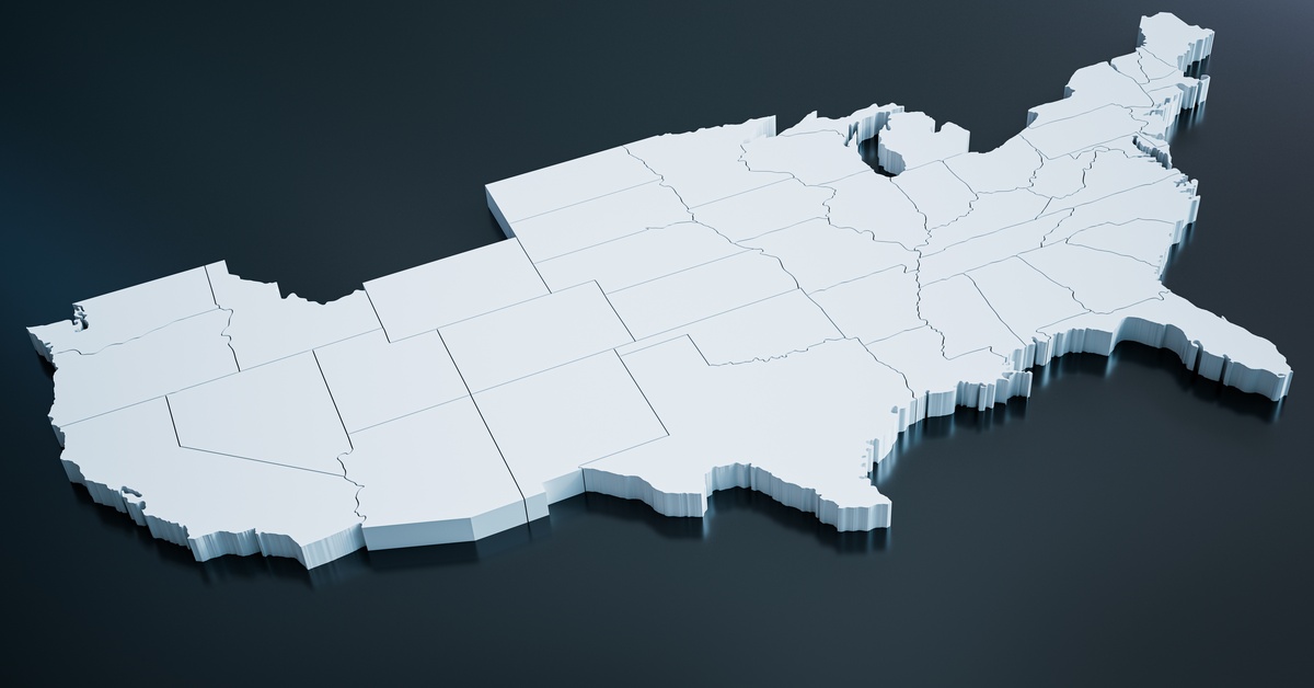 A 3D rendering of the map of the United States of America, displayed in white against a dark, dusky background.